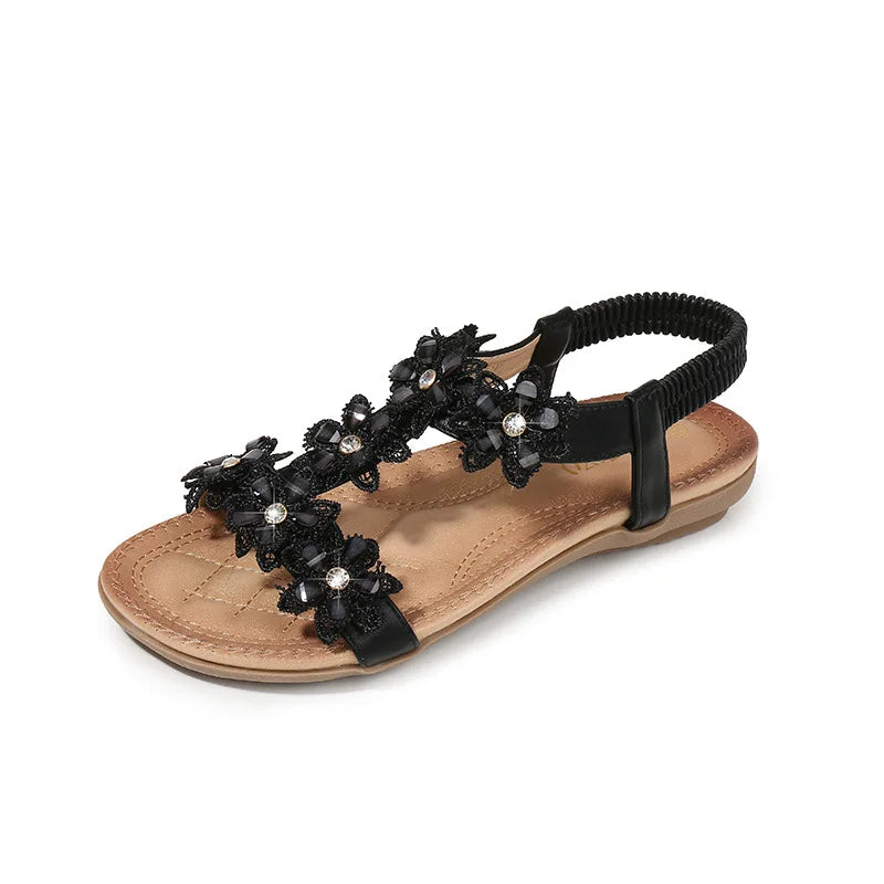 Comfortable Flat Sandals for Women |  Bohemia Flowers Rhinestone Beach Thongs | Available in Red, White, Black, and Blue