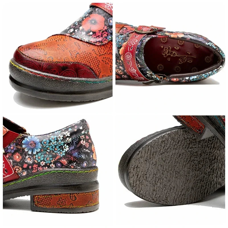 Women's Sheepskin Leather Flats | Ethnic Hippie Flower Design | 3cm Platform | Luxury Zip Shoes | Sizes 31-50