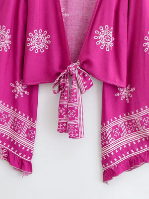Bohemian Floral Kimono Cover-Up | Ruffle Flare Sleeve Short Beach Wrap | Bright Pink or Black | S–L