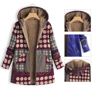 Women's Vintage Hooded Hippie Winter Coat | Unique Printed Zip-Up Jacket | Warm Loose Fit | M–3XL | Black, Blue, Green, Red
