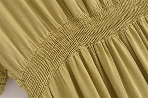 Bohemian Hippie Matcha Dress | V-Neck Cotton Blend A-Line Midi with Lace & Buttons | XS–L