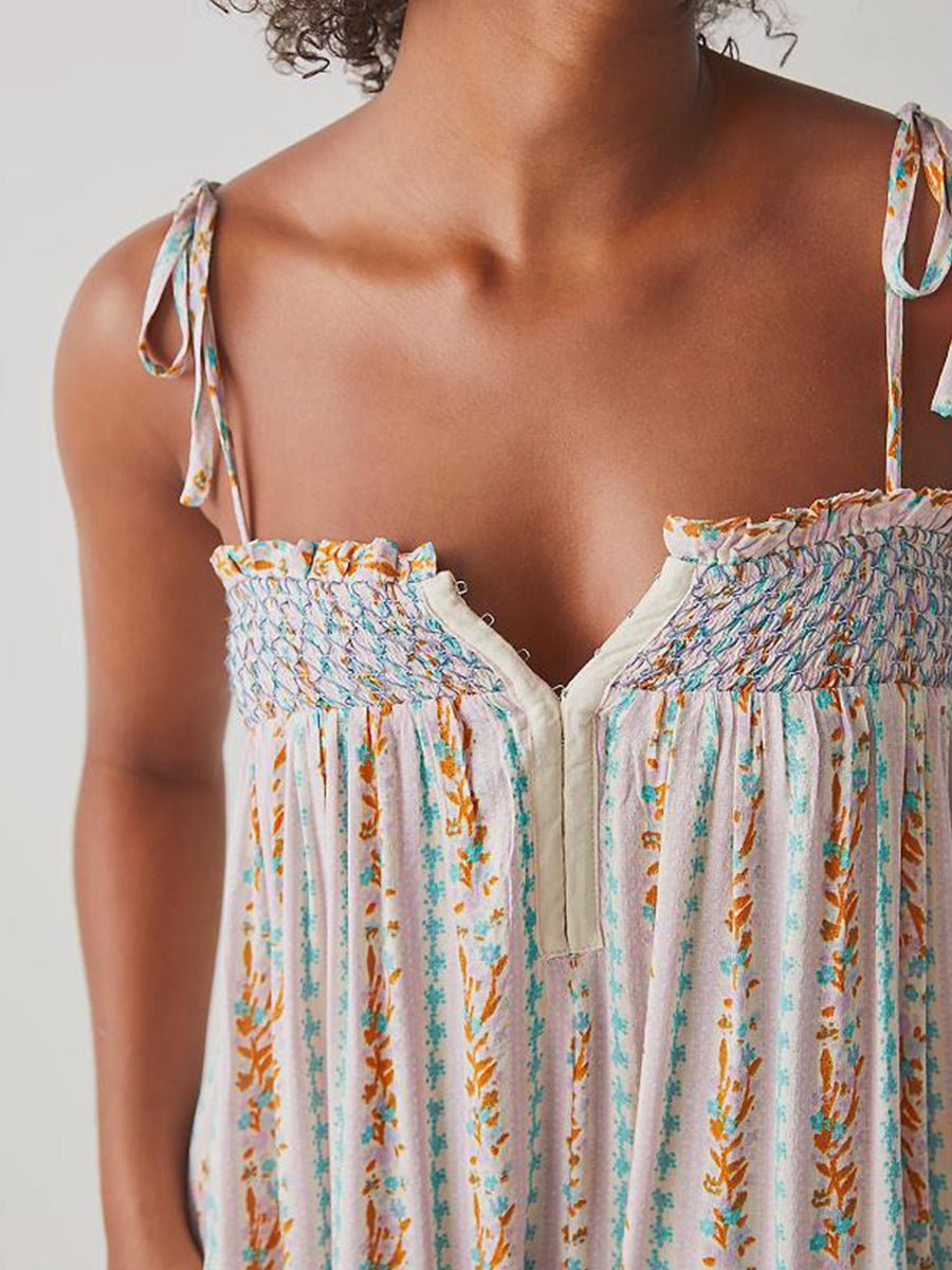 Hippie Bohemian Women's Summer Floral Cami Jumpsuit | Retro Tie - Up Spaghetti Strap Romper | Loose Fit | Fuchsia, Blue, Purple, Brown | S - L