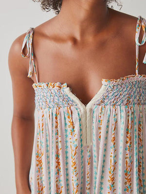 Hippie Bohemian Women's Summer Floral Cami Jumpsuit | Retro Tie - Up Spaghetti Strap Romper | Loose Fit | Fuchsia, Blue, Purple, Brown | S - L