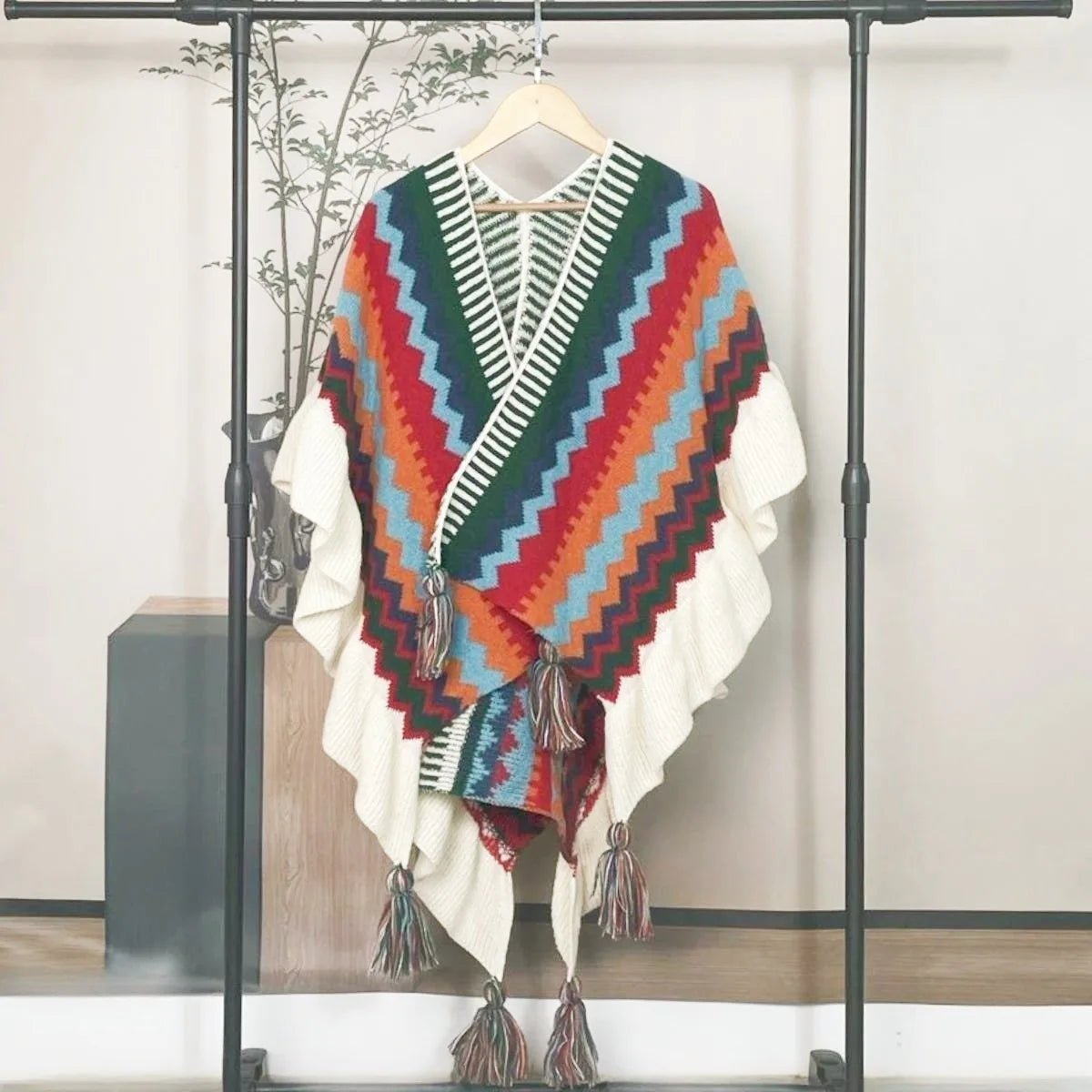 Bohemian Hippie Rainbow Knit Poncho Cape | Women's Oversized Tassel Shawl | One Size | Autumn/Winter Wraptop