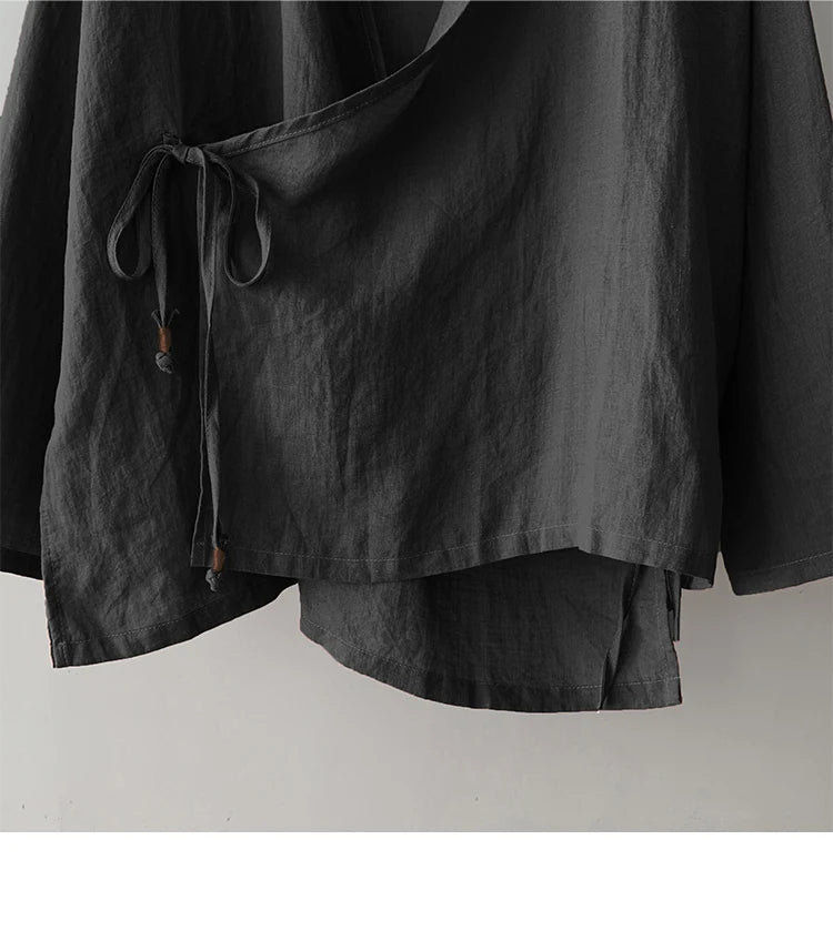 Women's Bohemian Cotton Linen Lace - Up Shirt | Hippie Long Sleeve Casual Blouse | Solid Colour V - Neck Top S–3XL