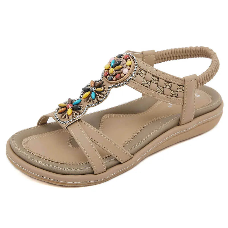 Women's Boho Summer Sandals | Non-Slip Soft Bottom Flats | Casual Beach Shoes | Apricot, Yellow & Black | Sizes 36-42