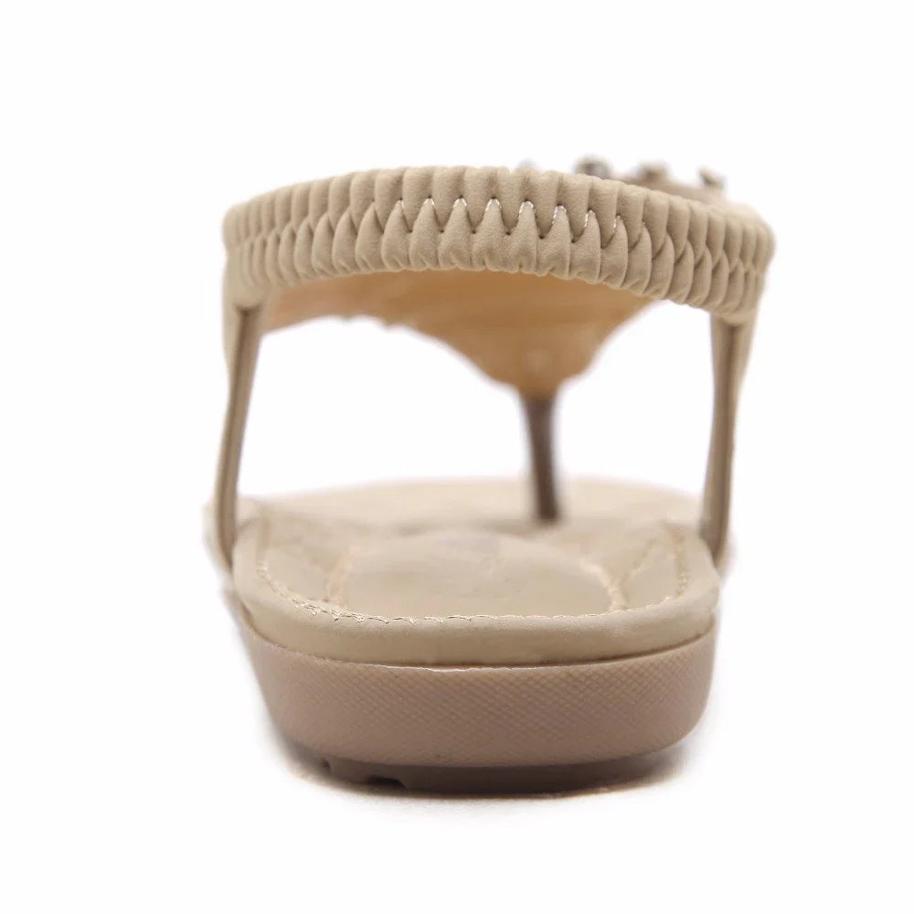 Women's Boho Crystal Flower Sandals | Ethnic Flat Flip-Flops | Casual Beach Shoes | Blue & Beige | Sizes 35-42