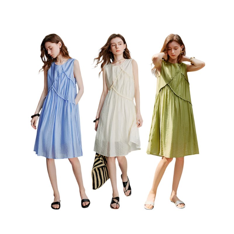 Women's Sleeveless O - Neck Office Midi Dress | Elegant Boho Lace - Up Summer A - Line Dress | Loose Fit Solid Color S–XL