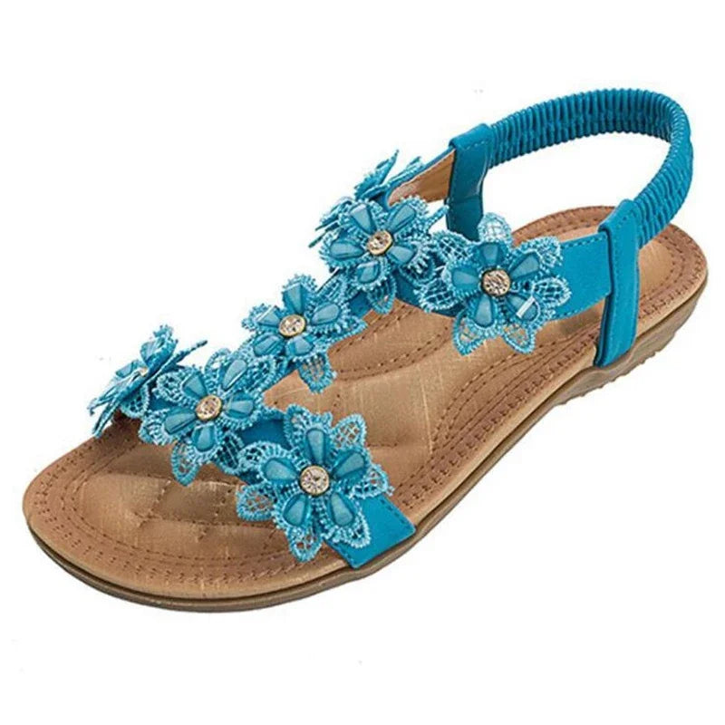 Comfortable Flat Sandals for Women |  Bohemia Flowers Rhinestone Beach Thongs | Available in Red, White, Black, and Blue