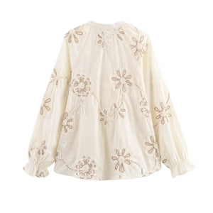 Women's Bohemian Embroidered Mini Dress | Vintage V - Neck Button Down A - Line Dress | Floral Lantern Sleeve | XS–L