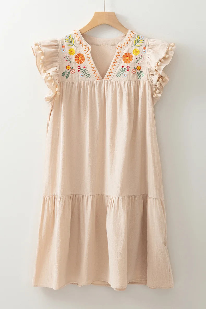 Bohemian Hippie Embroidered Cotton Midi Dress | V-Neck Petal Sleeve Ethnic Style | Loose Fit | S–XL