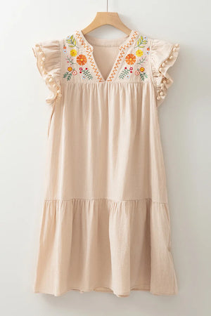 Bohemian Hippie Embroidered Cotton Midi Dress | V-Neck Petal Sleeve Ethnic Style | Loose Fit | S–XL