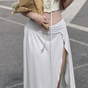 Bohemian Ruched Long Skirt | Women's Solid Colour Side Split Y2K Hippie Skirt | Summer Party Streetwear | S - XLdre