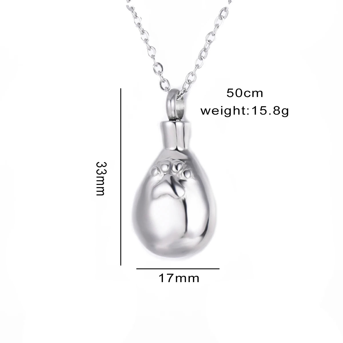 Pet Urn Necklace | Stainless Steel | Paw Print Water Drop | Funnel Kit