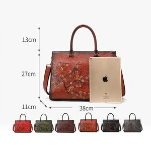 Women's Vintage Embossed Leather Carry + Tote Bag With Plum Tree Design