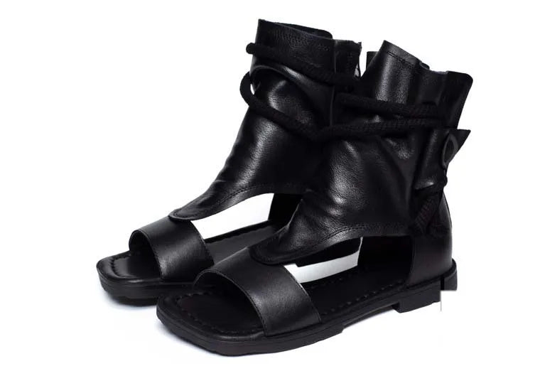 Women's Genuine Cow Leather Peep Toe Sandals | Hollow Booties with Platform Wedge | Ankle Boots | Coffee, Brown & Black | Sizes 35-40