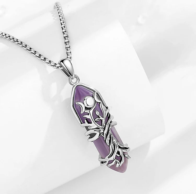 Amethyst Pendant Necklace | Tree Of Life + Moon Goddess Design