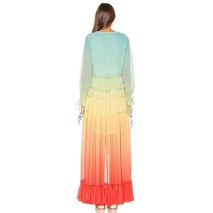 Women's Bohemian Rainbow Maxi Dress | Summer Gradient Patchwork Tiered Chiffon Dress | Elegant Hippie Party Outfit | S–L