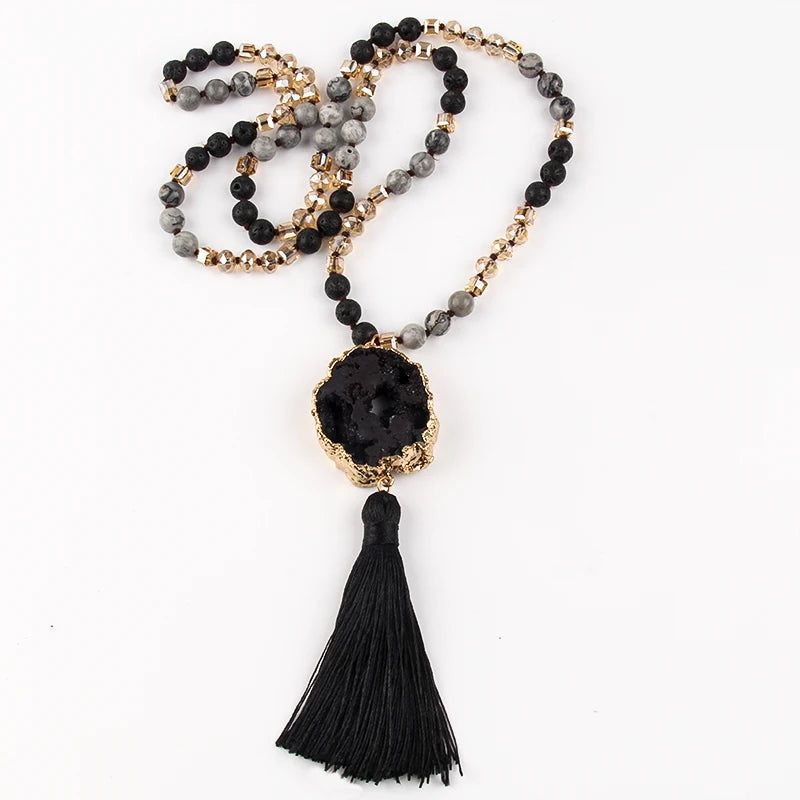 Hippie Styled Tassle Necklace With Black Druzy Stone