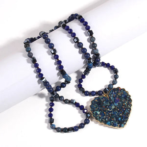 Bohemian Styled Natural Stone Necklace With Heart Shaped Pendant | Dark Blue