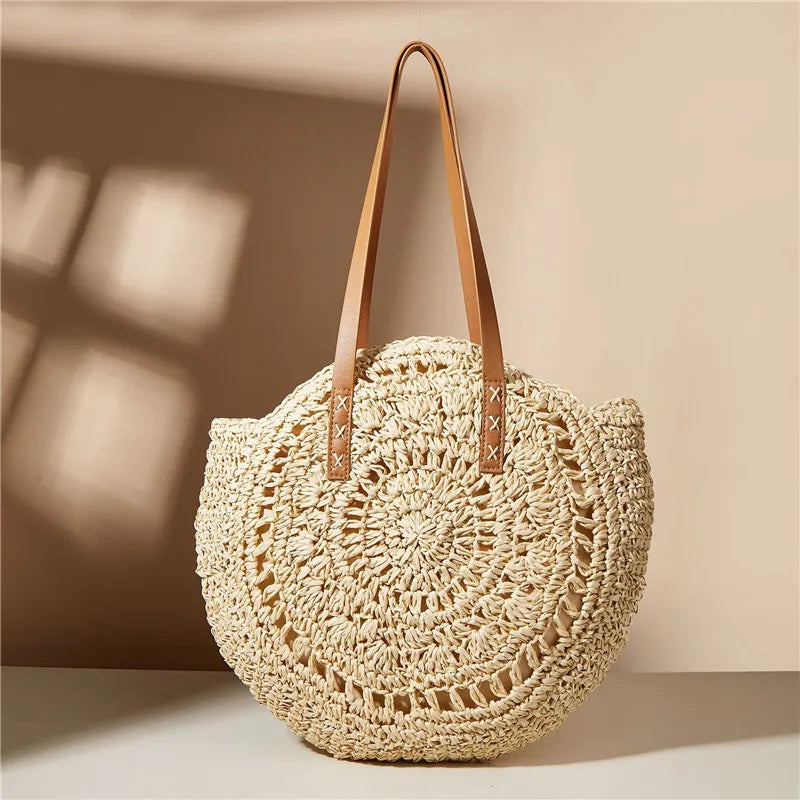 Women's Large Handmade Straw Shoulder Bag With Crochet Design | 43 X 42 X 3cm