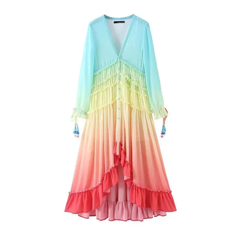 Women's Bohemian Rainbow Maxi Dress | Summer Gradient Patchwork Tiered Chiffon Dress | Elegant Hippie Party Outfit | S–L