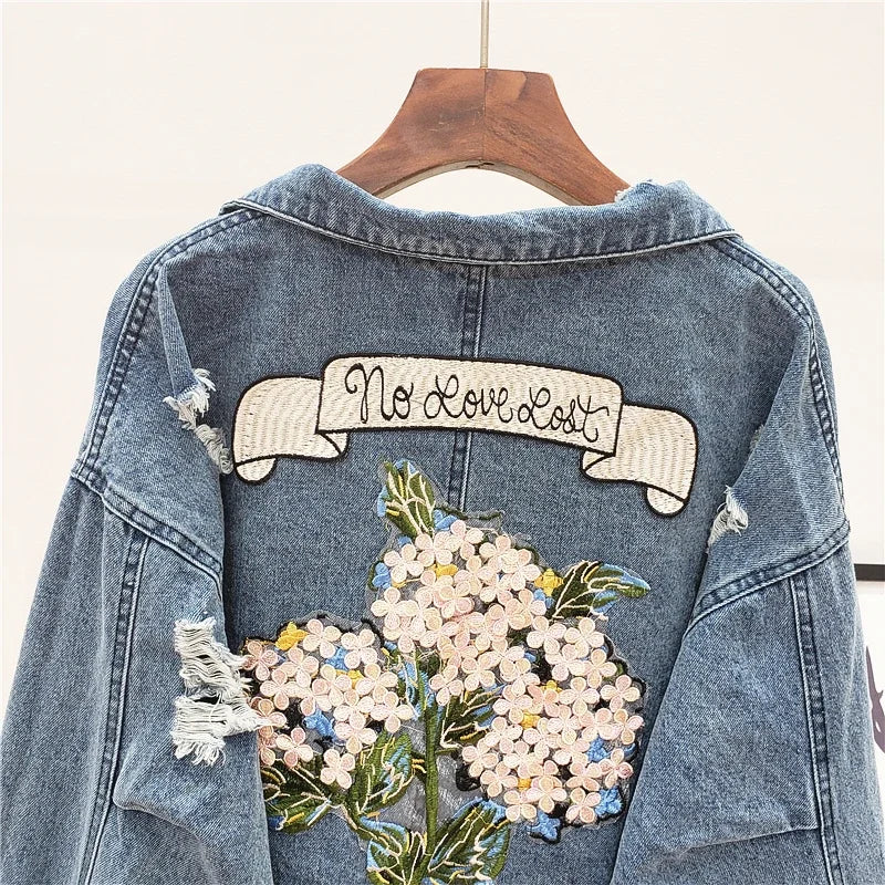 Embroidered Harajuku Denim Jacket | “No Love Lost” Vintage Batwing Sleeve Jean Coat (S–L)