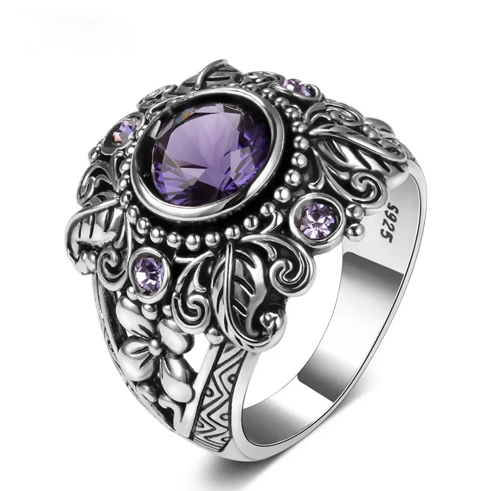 925 Silver Forest Goddess Finger Ring With Amethyst Center Stone | Sizes 6-10