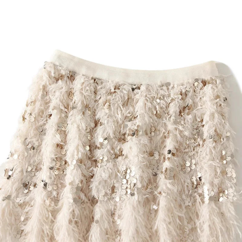 Fluffy Hippie Long Skirt With Sequin | Black Or White | Sizes M-L
