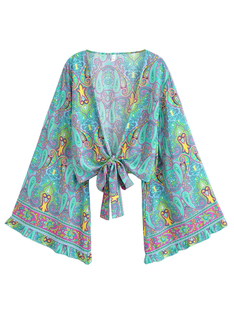 Bohemian Floral Kimono Cover-Up | Short Rayon Ruffle Sleeve Beach Wrap | Red & Aqua Green Prints | S–L