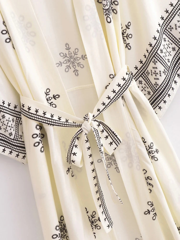 Bohemian White Floral Kimono Cover-Up | Cotton Rayon Batwing Sleeve Beach Robe | Wedding & Vacation Wrap | S–XL