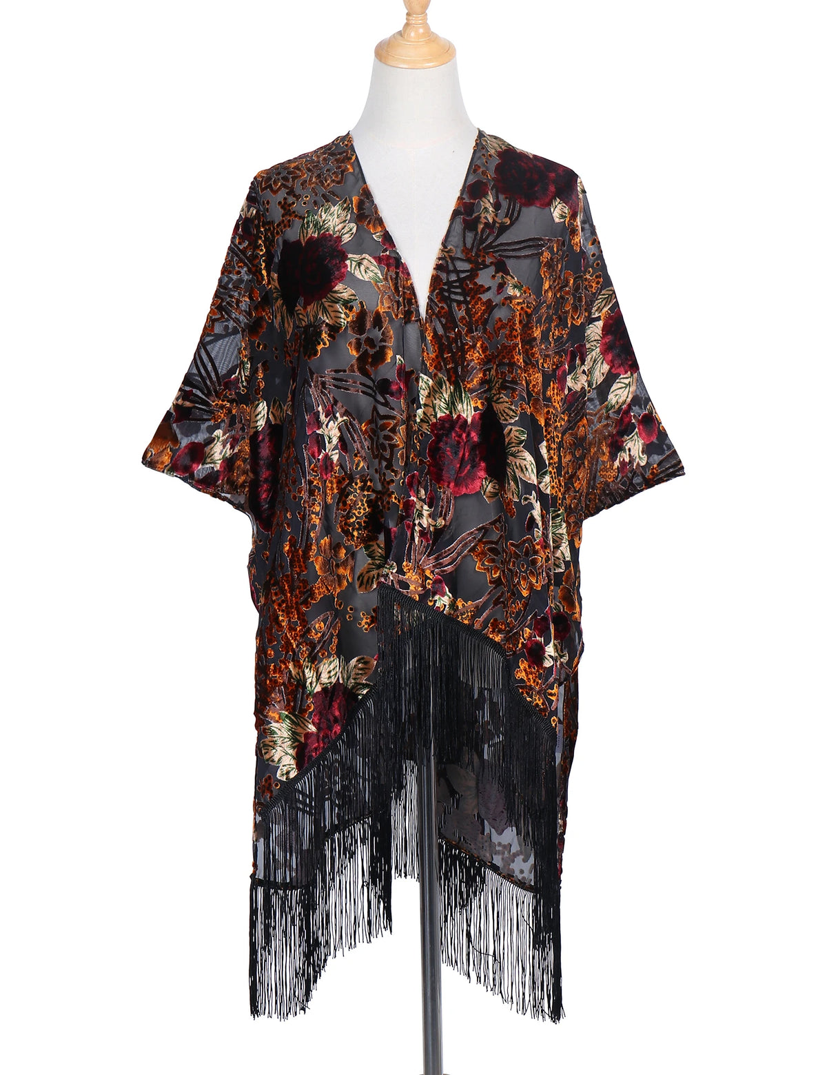 Bohemian Burnt Plush Velvet Kimono | Women's Long Floral Beach Cover - Up with Tassels | One Size | Various Colourstop