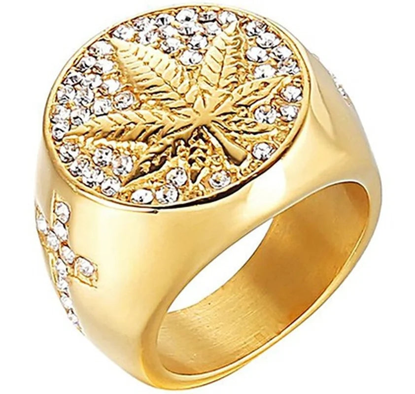 Gold Coloured Cannabis Leaf Finger Ring | Size 7-14