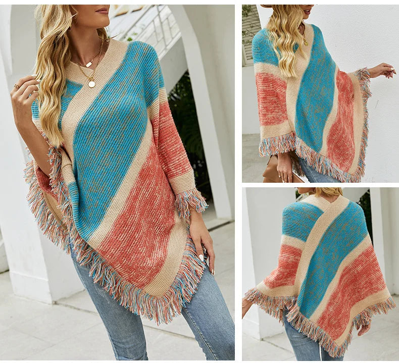 Women's Batwing Striped Poncho Pullover | Various Colours