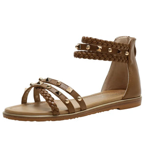 Women's Ethnic Style Sandals | Rivet Woven Retro Roman Flats | Large Size | Beige, Black & Brown | Sizes 36-42