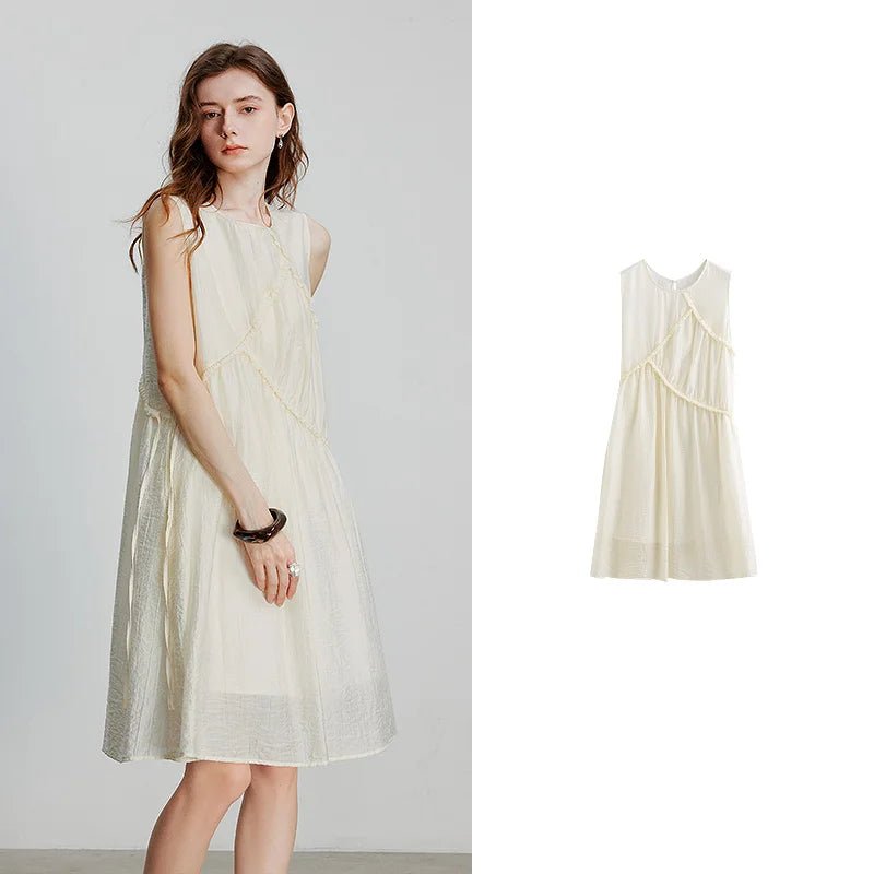 Women's Sleeveless O - Neck Office Midi Dress | Elegant Boho Lace - Up Summer A - Line Dress | Loose Fit Solid Color S–XL