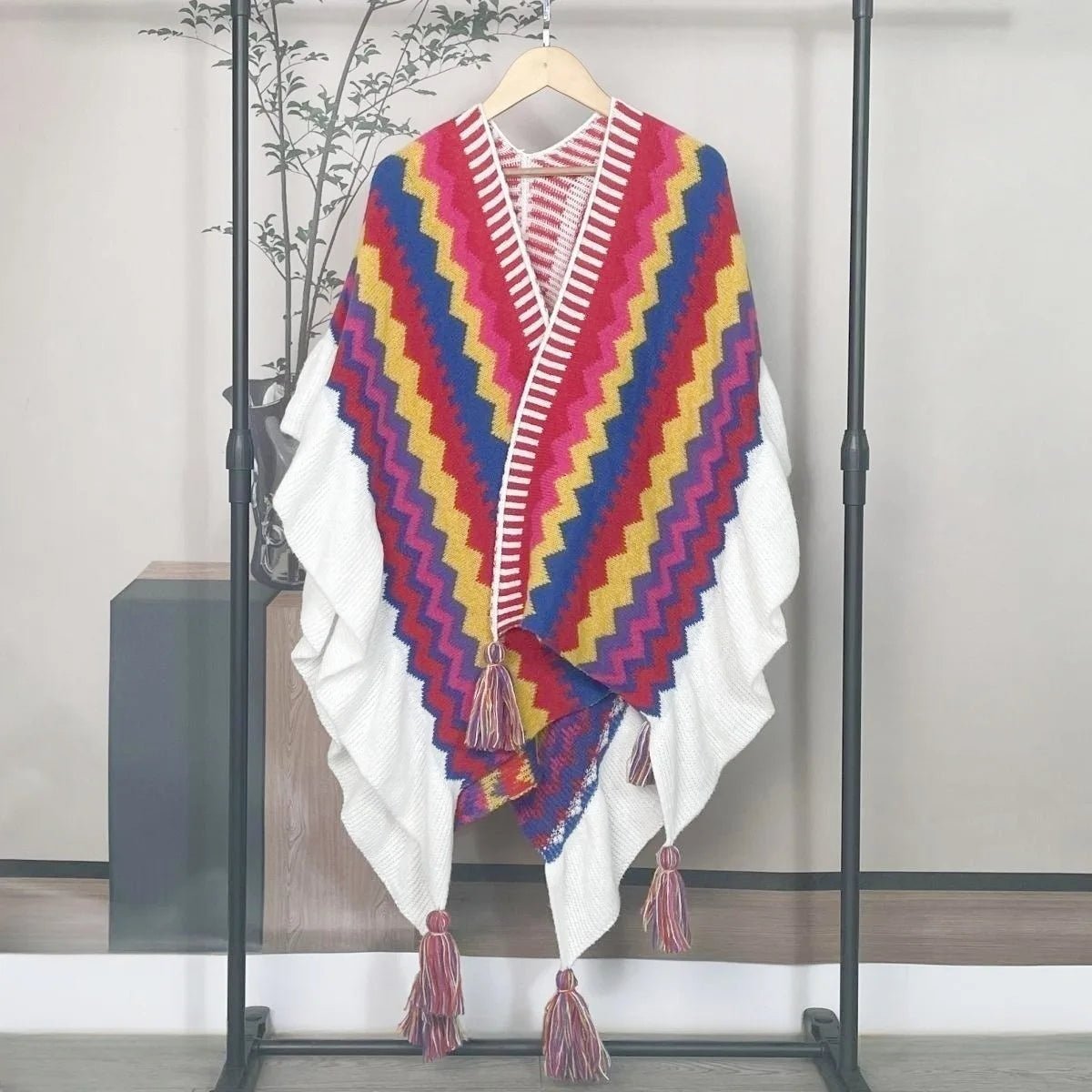 Bohemian Hippie Rainbow Knit Poncho Cape | Women's Oversized Tassel Shawl | One Size | Autumn/Winter Wraptop