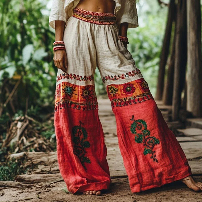 Boho Vintage Wide-Leg High-Waist Pants (Floral Ethnic Prints) | S–3XL | Various Colours
