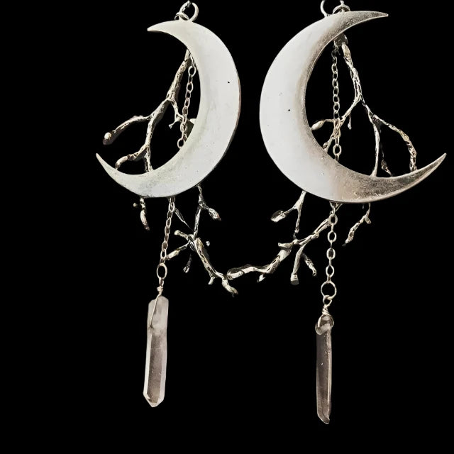 Crescent Moon & Branches Bohemian Earrings With Quartz Crystal