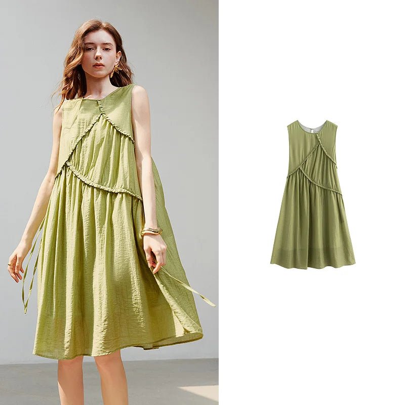 Women's Sleeveless O - Neck Office Midi Dress | Elegant Boho Lace - Up Summer A - Line Dress | Loose Fit Solid Color S–XL