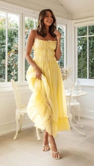 Women's Boho Ruffled Strap Maxi Dress | Summer Sleeveless A - Line Holiday Dress | Spaghetti Strap Empire Waist | S–XL