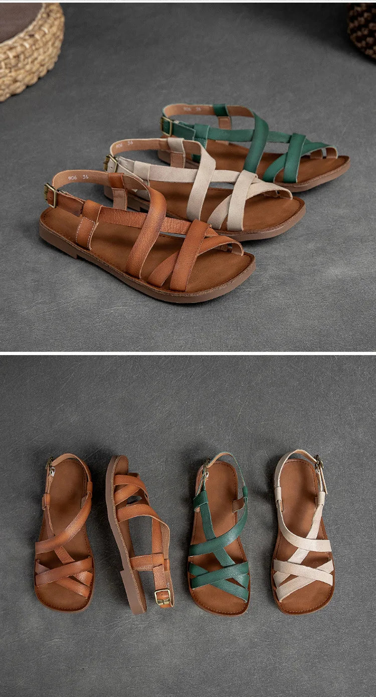 Women's Genuine Leather Platform Flats | Weave Mary Jane Sandals | Luxury Summer Slippers | Beige, Orange & Green | Sizes 35-40
