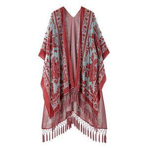 Bohemian Burnt Plush Velvet Kimono | Women's Long Floral Beach Cover - Up with Tassels | One Size | Various Colourstop