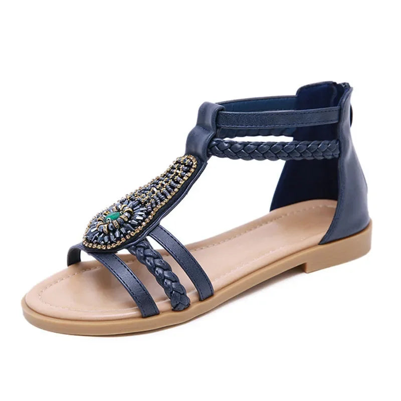 Women's Boho Summer Sandals | Flat Roman Beach Shoes | Apricot, Black & Blue | Sizes 35-42