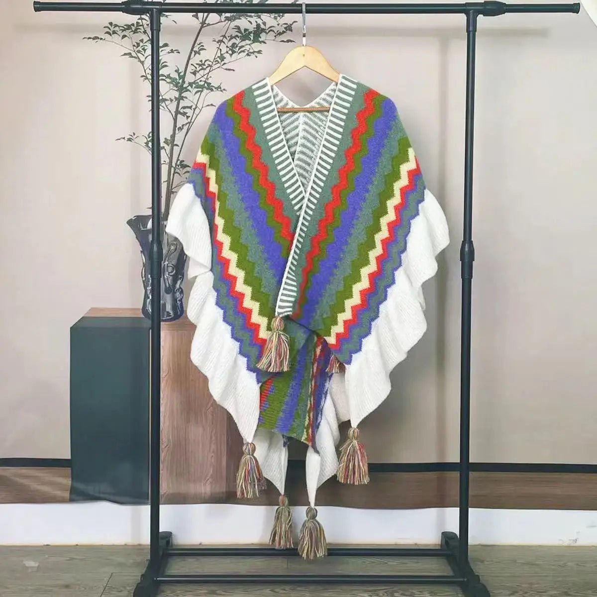 Bohemian Hippie Rainbow Knit Poncho Cape | Women's Oversized Tassel Shawl | One Size | Autumn/Winter Wraptop