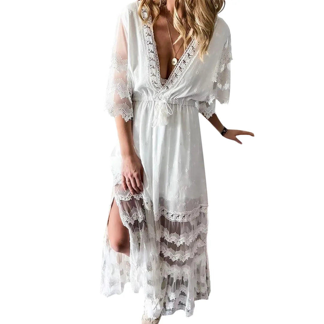 Bohemian Hippie White Lace Maxi Dress | Layered Ruffle A-Line Lace-Up Cotton Blend | S–4XL