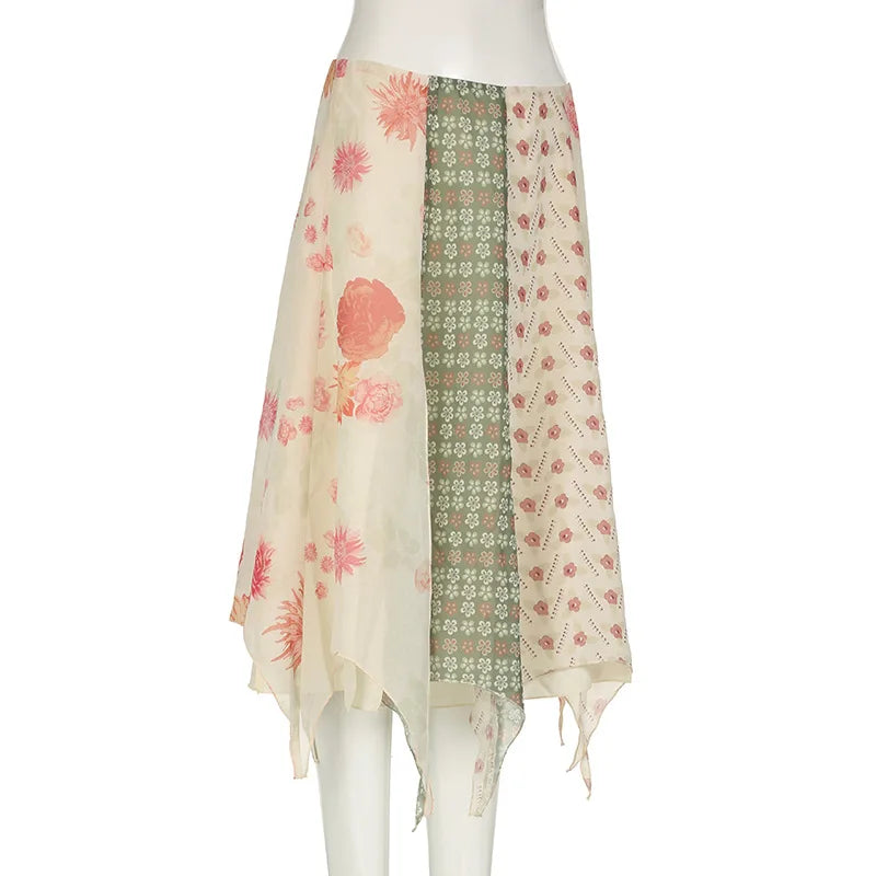Bohemian Hippie Midi Skirt | Floral Chiffon Irregular Hem | A-Line Low Waist Vacation Skirt | S–M