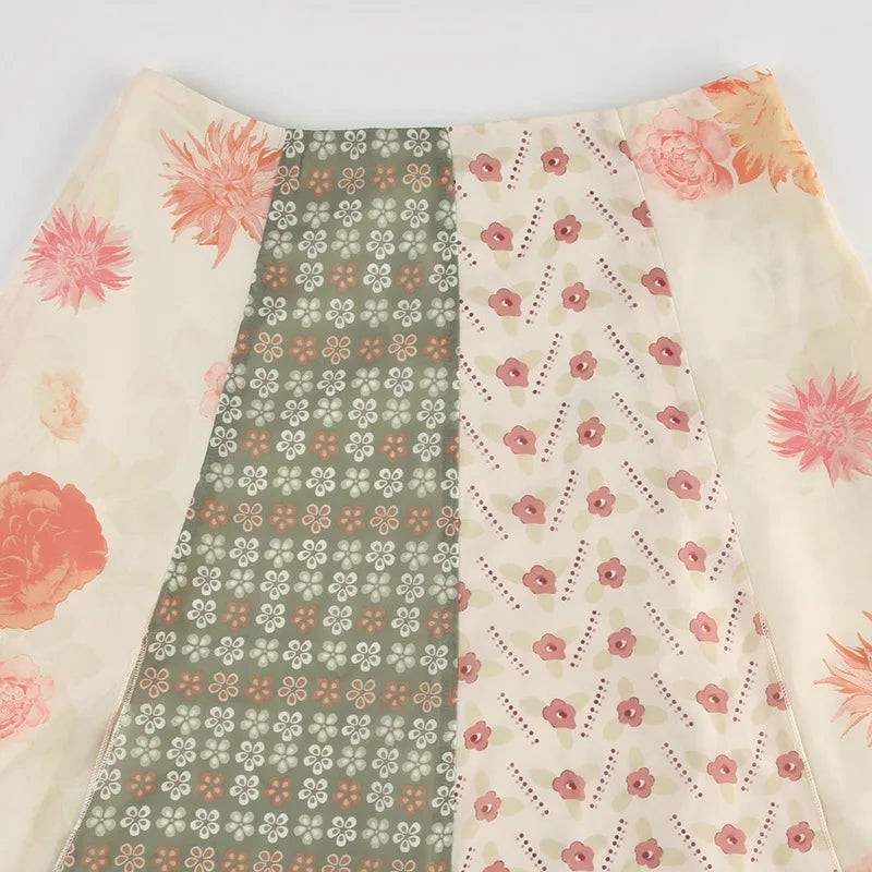 Bohemian Hippie Midi Skirt | Floral Chiffon Irregular Hem | A-Line Low Waist Vacation Skirt | S–M