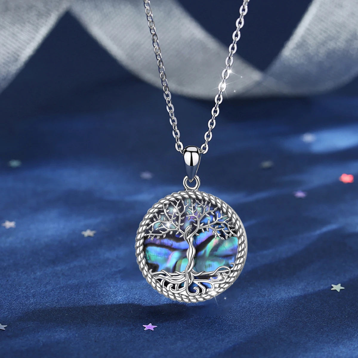 925 Silver Tree Of Life Necklace With Blue Mother Of Pearl Backing