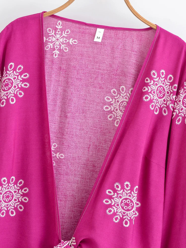 Bohemian Floral Kimono Cover-Up | Ruffle Flare Sleeve Short Beach Wrap | Bright Pink or Black | S–L